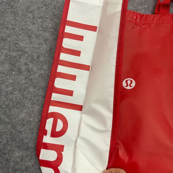 Lululemon Reusable Tote Red White Classic Shopping Bag Snap Closure Authentic - Picture 2 of 5